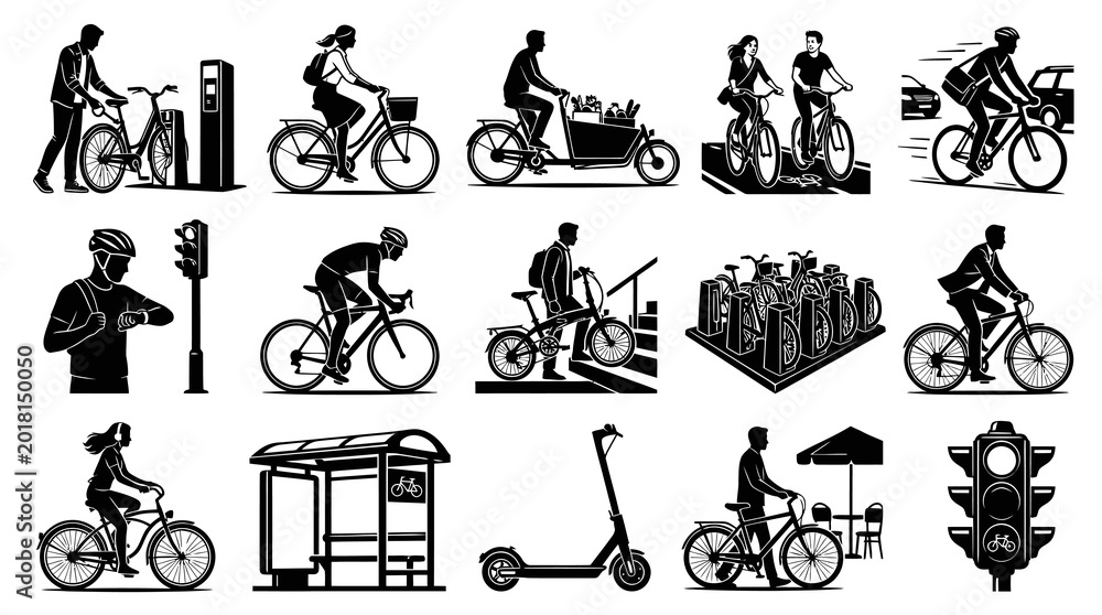 Naklejka premium Black and White Vector Icons: Cycling, Urban Transport, City Life