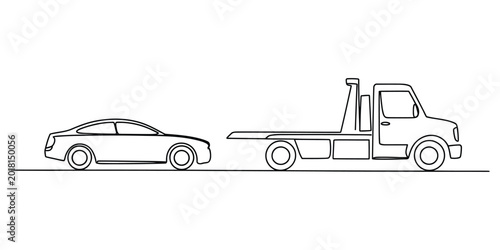 Foto Tow truck pulling a broken car line art illustration