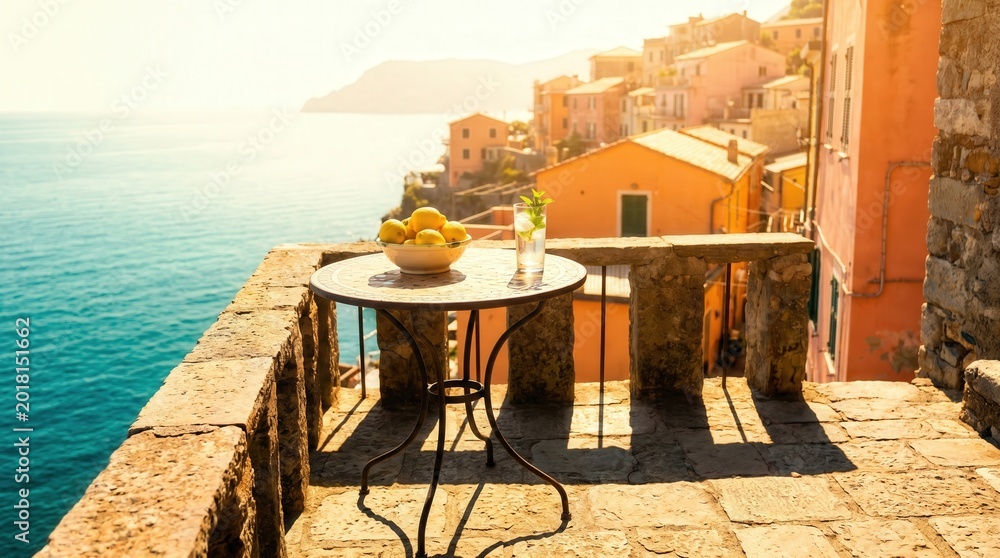 Fototapeta premium Lemons and cold drink on balcony table overlooking the Mediterranean sea at sunset. Italian summer vacation, coastal lifestyle concept featuring scenic seaside village view.