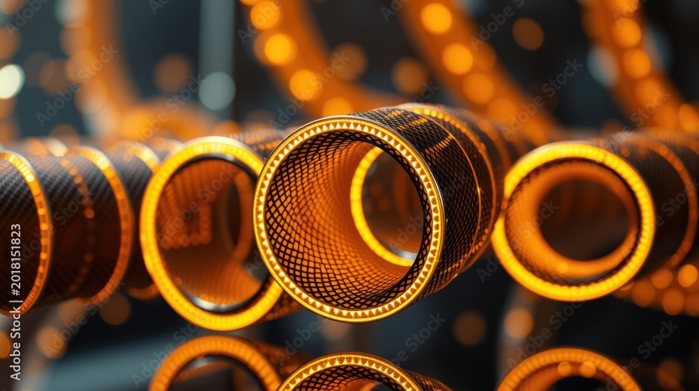 Fototapeta premium Orange glowing cylinders stacked, reflecting surfaces. Dramatic lighting creates abstract tunnel effect. Futuristic, vibrant composition.