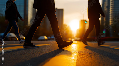 Silhouettes of people crossing a city street at sunset with warm golden light creating an urban lifestyle scene.