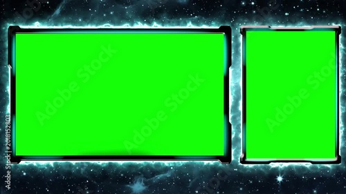 Digital green screen display with neon border on dark starry background