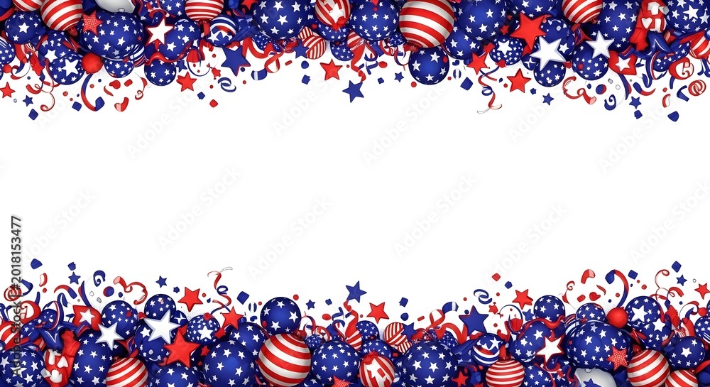 Obraz premium Patriotic american flag themed border with red and blue ornaments, stars, and ribbons isolated on white background