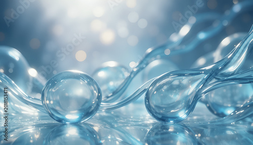 Glowing blue bubbles floating on water surface with sunlight reflections and bokeh background
