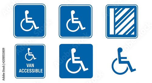 Fotografía Handicap parking sign set with van accessible labels, blue disabled wheelchair s