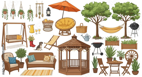 Cuadro en lienzo Outdoor garden furniture and patio decor collection, wooden gazebo and backyard