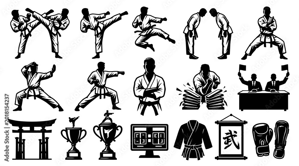 Obraz premium Karate Martial Arts Black and White Vector Silhouette Icon Set for Sports Training and Competition