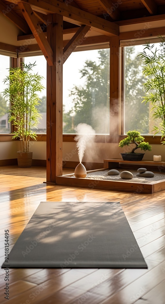 Fototapeta premium Serene indoor space features a yoga mat and essential oil diffuser beneath bright window light