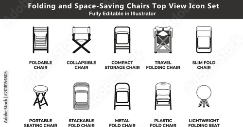 Tableau sur toile Folding chair vector icons set, space-saving seating, collapsible travel chairs,