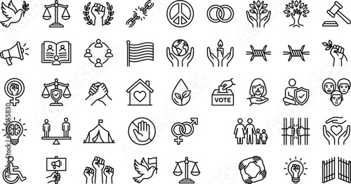 Konstfotografi Human rights and social justice outline icon collection with peace equality free