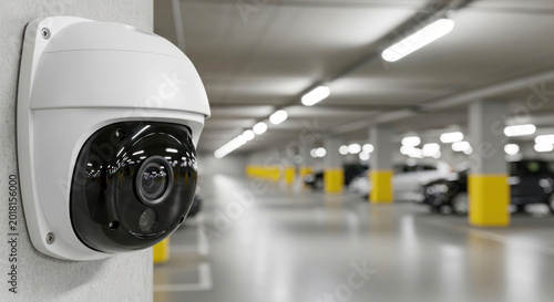 Security camera mounted on wall in modern parking garage with vehicles and yellow pillars visible in the background