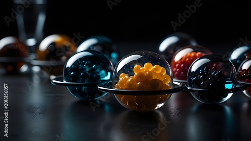 Clear glass spheres with colorful molecular gastronomy pearls, modern culinary art, innovative food science concept on dark table.