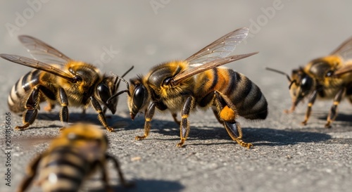 Three soldier ants marching in a line on a rough surface