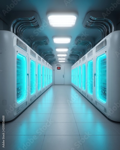Futuristic Cryogenic Server Room With Blue Neon Lights.