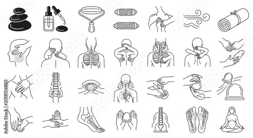 Set of massage therapy and wellness icons for health spa.
