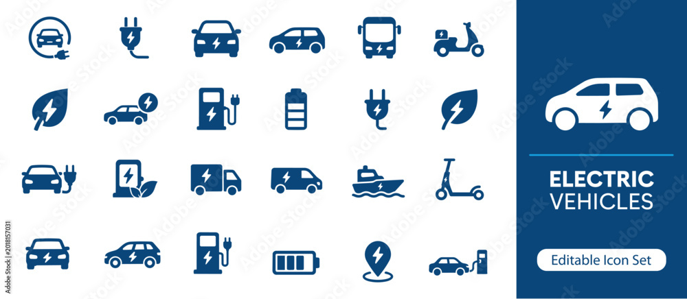 Naklejka premium Electric Vehicles Solid Icon Set, Smart Transportation and Sustainable Mobility Icons for EV Charging, Battery Technology and Green Energy UI UX Design