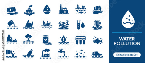Foto Water Pollution Solid Icon Set, Environmental Contamination and Ecology Icons fo