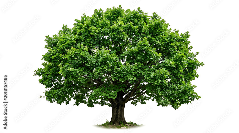 Obraz premium Lush green oak tree isolated on white background