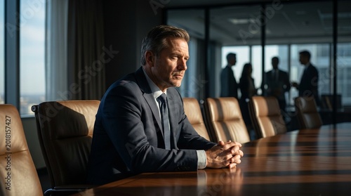 Serious businessman sitting at a desk in a dark office api
