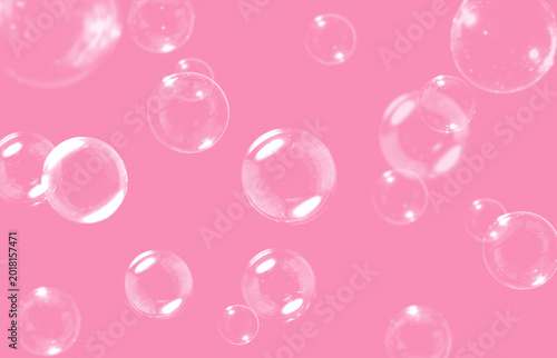 Clear Transparent Soap Bubbles on Pink Background. Celebration Festive Backdrop. Freshness Soap Suds Bubbles Water. Pink and White Gradient Textured.