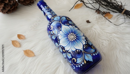 Decorative blue glass bottle with intricate swirl design on sandy beach