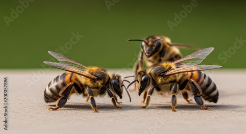 Two cartoon bees fighting with swords on green background