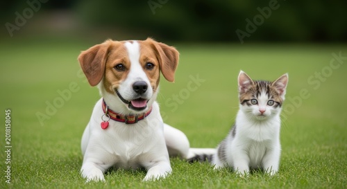Friendly dog and kitten playing together on grass