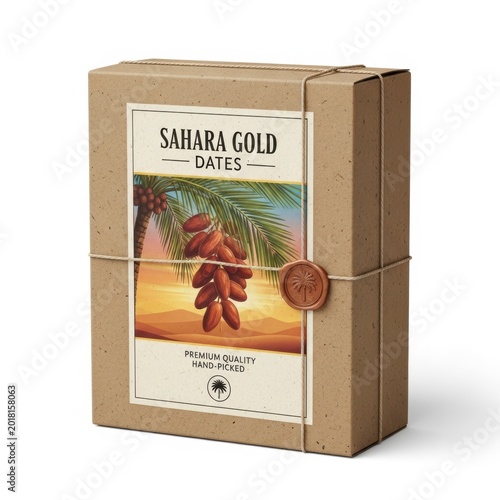 Box of sahara gold premium hand-picked dates with camel illustration