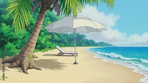 Idyllic tropical beach scene featuring a sandy shore, palm tree, sun umbrella, and a lounge chair by the ocean. 
