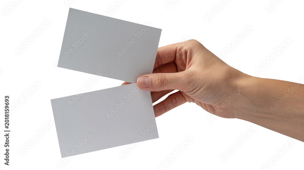 Obraz premium A hand holding two blank white cards isolated on transparent background for business or personal use