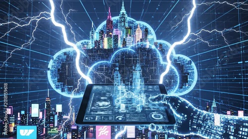 Futuristic digital city and cloud network with glowing lightning