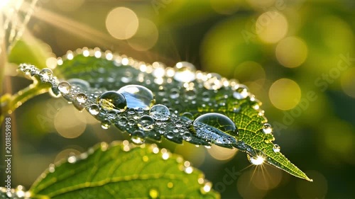 Fresh green leaf with crystal water drops in morning sunlight. Macro nature scene with glowing dew sparkles. Botanical close up for ecology and environment concept.