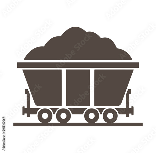 brown coal mining cart on railway track with coal load