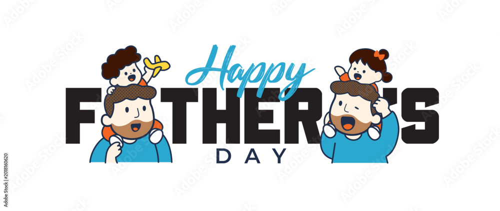 Fototapeta premium Happy Father’s Day greeting card. Father and child love. Vector illustration with father and kids in cute cartoon character style for banner, poster, illustration.
