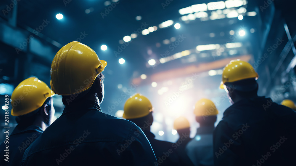 Fototapeta premium Group of engineers and laborers wearing hardhats observing operations in a dark manufacturing hall with bright lights