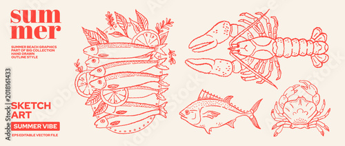 Lobster, crab, sardines fish sea food. Seafood vector illustration. Vintage Italian food with Lobster, tuna fish, crab, sardine with lemon. Summer seafood print from Italy. Doodle Mediterranean poster