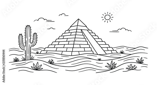 Pyramid in desert landscape with cactus and sun.