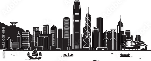 Hong Kong city skyline, black and white vector, urban landscape, silhouette illustration