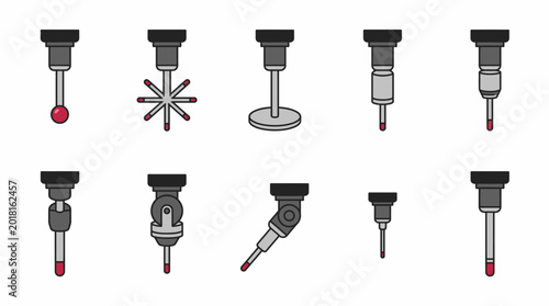 Set of 10 CMM Probes Vector Illustrations, Clean Flat Design for Coordinate Metrology and Precision Engineering