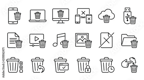 Photos Digital delete and trash cleanup icons set