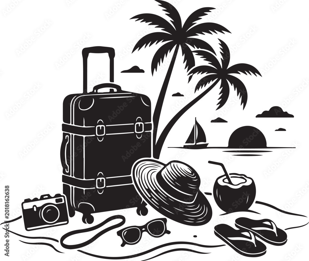 Fototapeta premium Tropical vacation, travel, summer, beach, luggage, palm trees, black and white vector