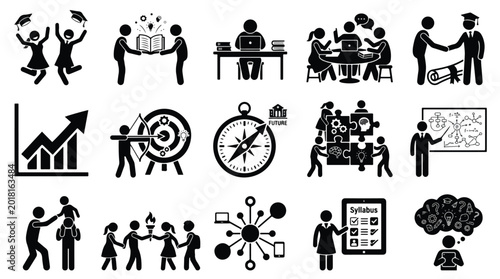 Education and career success icons set. Graduation, learning, teamwork, mentorship, goal setting, and growth. Black flat stick figure pictograms icon illustrations.