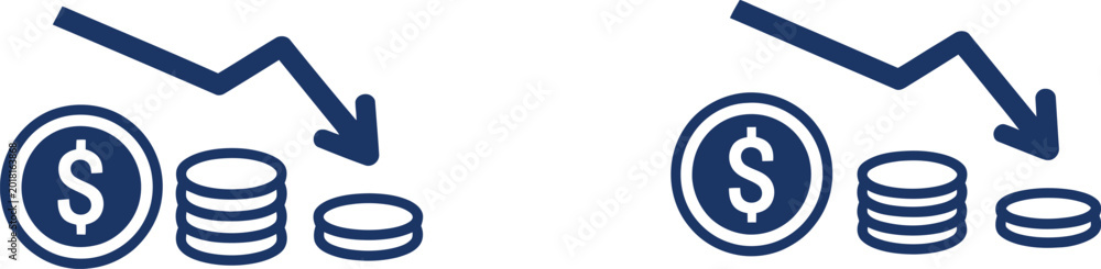 Obraz premium Blue financial showing stacks of dollar coins with downward trending arrows on white