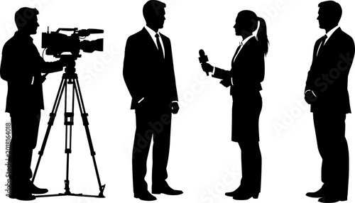 Schilderij op canvas Silhouette of a professional news crew featuring a cameraman with tripod, a female reporter with microphone, and two interviewed businessmen