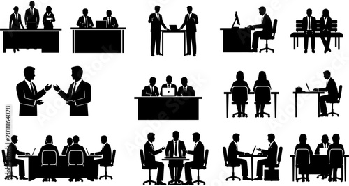 Foto Silhouette set of business people in various office scenarios including meetings, computer work, collaborative discussions, and formal presentations at desks