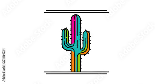 Vibrant Cactus Illustration with Colorful Stripes and Geometric Lines