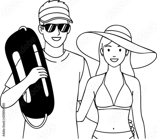 Vászonkép Lifeguard man holding flotation device and woman in bikini at beach with line ar