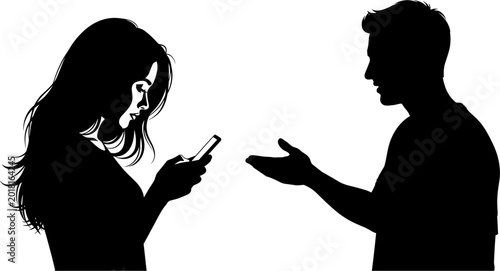 Tableau sur toile Silhouette of a young woman looking at her smartphone while a man tries to talk to her, representing communication barriers