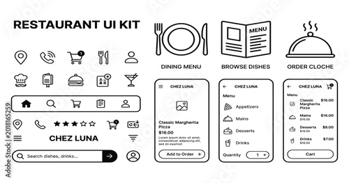 Restaurant UI kit with icons, mobile app screens for menu and ordering food.