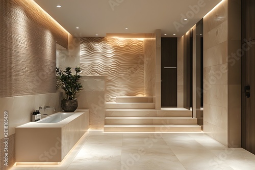 Elegant restroom corridor with tropical plants and soft natural light photo